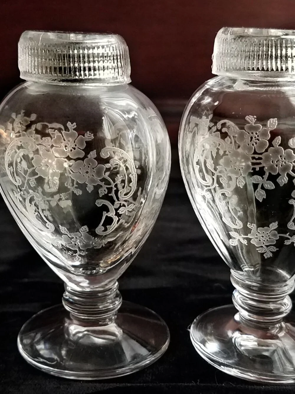 Fostoria Meadow Rose Vintage Glass Candlesticks & RARE Salt & Pepper Shakers